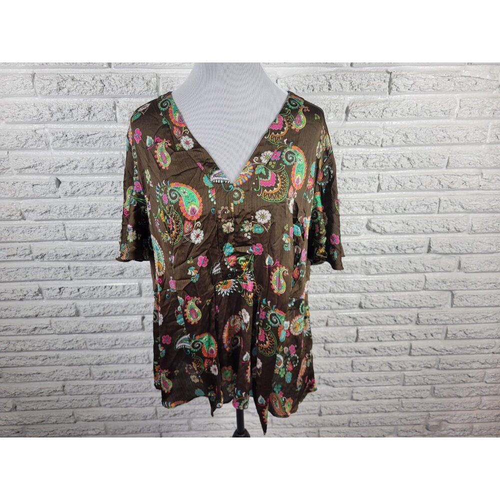 Cato Womens Top 22WP 24WP Plus Flutter Sleeve Brown Paisley Front Tie PAI65XE